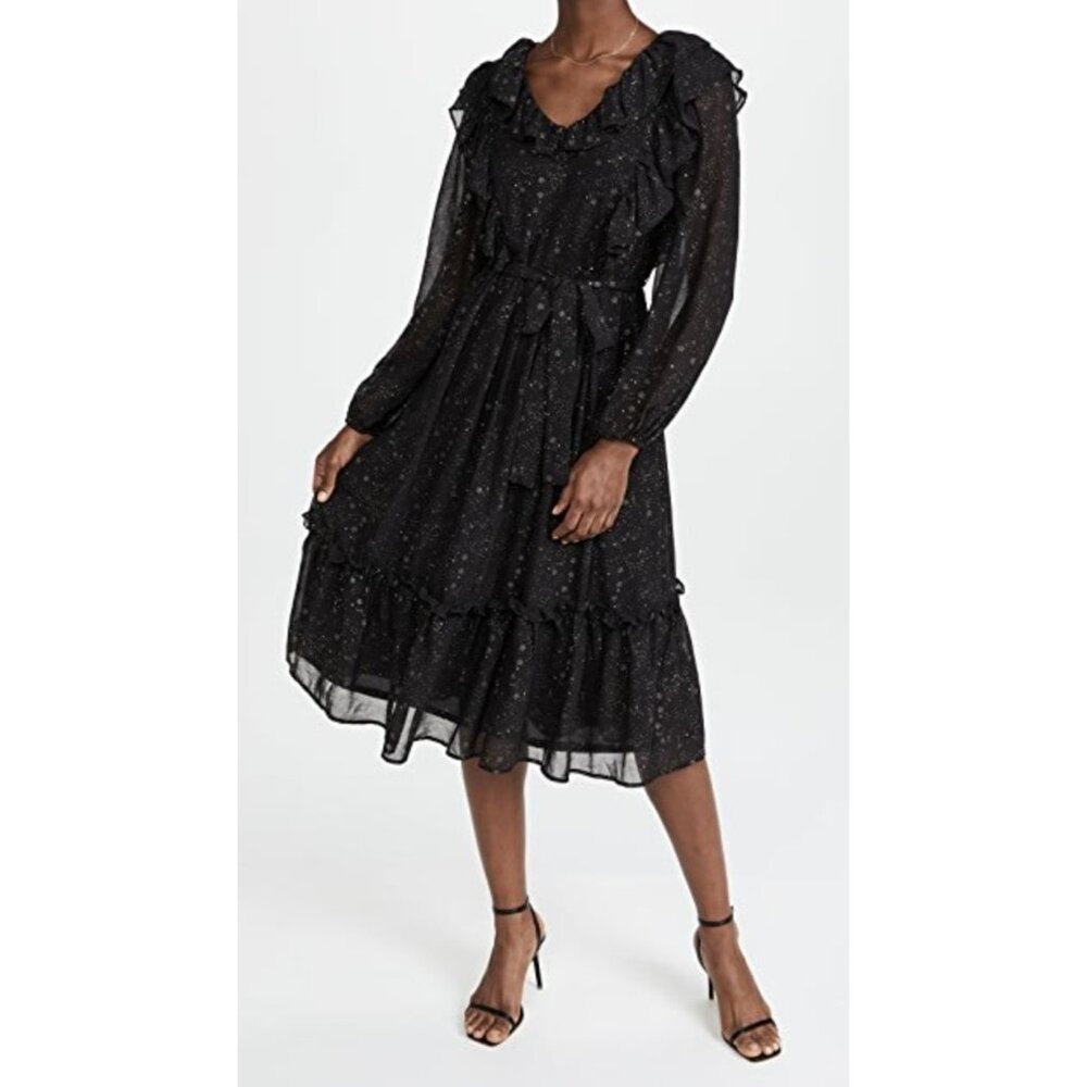Anthropologie Moon River Black Gold Star Celestial Ruffled Chiffon Midi NWT Med